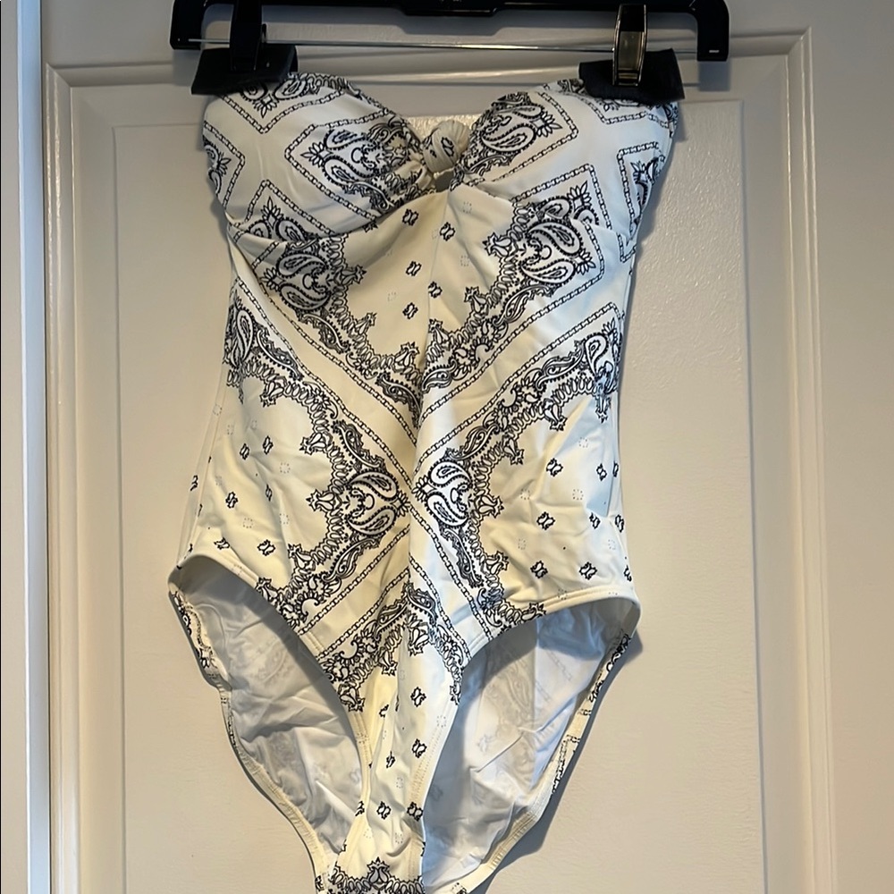 Tory Burch White One-Piece Swimsuit with Black Paisley Print